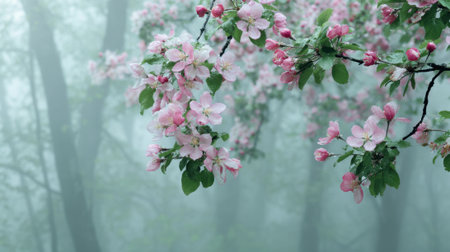 Delicate pink flowers bloom on branches in a tranquil forest enveloped by soft fog.の素材