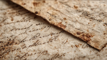 Close-up view of aged, handwritten letters displaying elegant cursive writing. The paper shows wear and tear, highlighting the passage of time and the history within each note.の素材