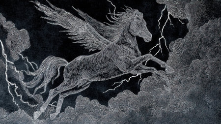 A beautiful winged horse soars through dark storm clouds illuminated by striking lightning.の素材