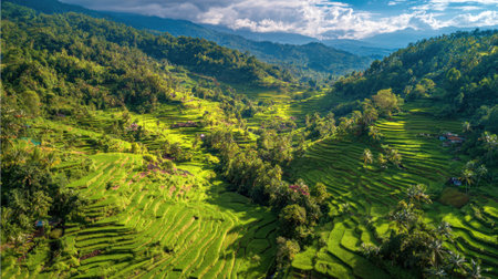 Expansive rice terraces stretch across the hills showing natures beauty and harmony.の素材