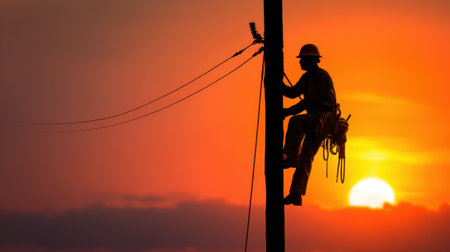 Electrical technician ascends a pole silhouetted by vibrant sunset colors in the background.の素材