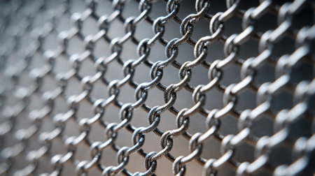 Sunlight filters through a chain link fence highlighting its intricate metal patterns and texture.の素材