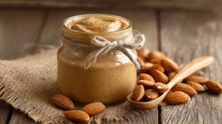 A jar filled with smooth almond butter sits beside whole almonds on a rustic wooden table.の素材