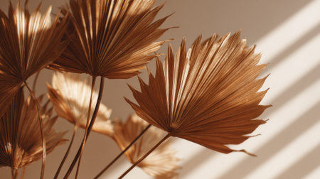 Dried palm leaves are beautifully arranged to create an artistic display. Soft natural light creates warm shadows, enhancing the minimalist aesthetic.の素材
