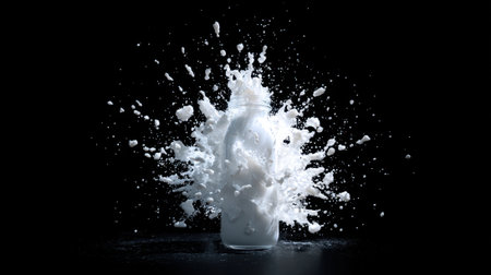 A bottle suddenly bursts sending white liquid flying in all directions creating a striking visual.の素材