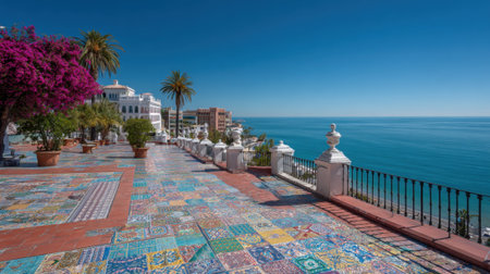 Colorful tiles and blooming bougainvillea create a stunning view overlooking the serene ocean.の素材
