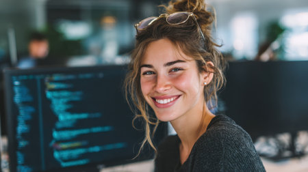 A cheerful woman smiles warmly while coding on her computer in a vibrant work environment.の素材