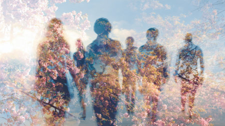 Figures stroll through a cherry blossom area surrounded by delicate pink flowers and bright sky.の素材