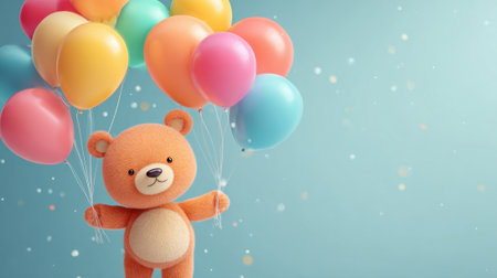 A cheerful toy bear stands with bright balloons in hand spreading joy in a playful scene.の素材