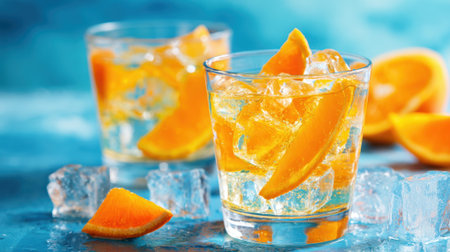 Two glasses filled with orange drink ice and slices of orange create a vibrant summer vibe.の素材