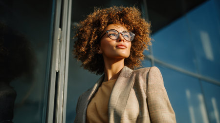 A woman with curly hair stands near glass windows, her expression thoughtful and confident as sunlight shines.の素材