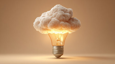 A light bulb appears to float with a fluffy cloud radiating a warm glow blending nature and innovation.の素材