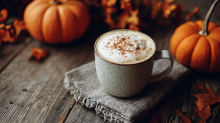 A comforting mug of warm beverage sits on a rustic wooden table surrounded by pumpkins.の素材