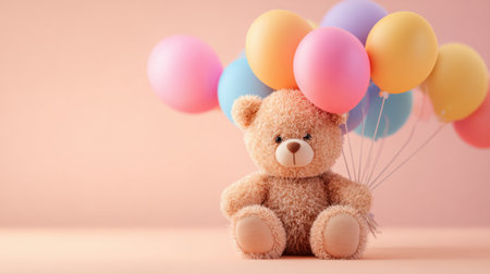 A charming toy bear sits contentedly with vibrant balloons in a whimsical scene radiating joy.の素材
