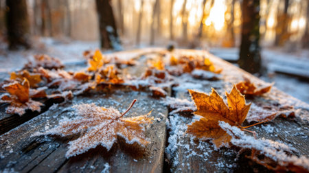 Golden and brown leaves rest on a wooden surface lightly dusted with frost as the sun rises in the background.の素材