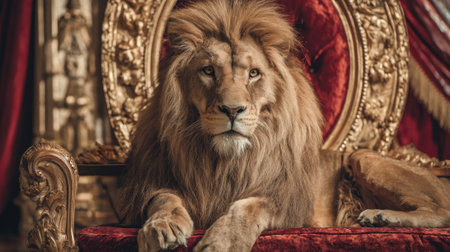 A powerful lion lounges on a lavish throne surrounded by rich decor and elegance.の素材