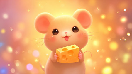 A cheerful cartoon mouse enjoys a piece of cheese surrounded by a warm magical glow.の素材