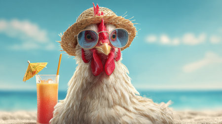 A relaxed chicken in sunglasses sits on the sandy beach sipping a colorful tropical drink under a sunny sky.の素材