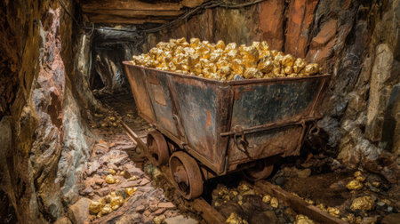 A rusted cart full of gold nuggets rests on a track in a dimly lit mining tunnel.の素材