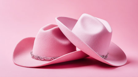 Two stylish pink cowboy hats are artistically arranged on a soft pink backdrop showcasing fun fashion.の素材