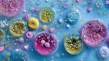 Various petri dishes showcase bright colorful liquids and bubbles creating an artistic lab scene.の素材