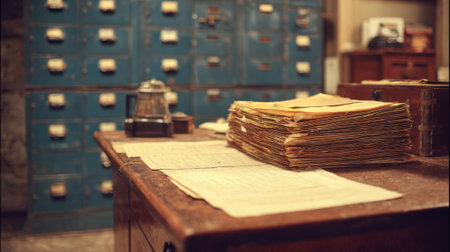 Stacks of aged papers rest on a wooden desk beside a classic coffee pot and cabinets.の素材