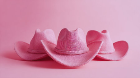Three pink cowboy hats stand proudly against a pastel pink backdrop creating a playful scene.の素材
