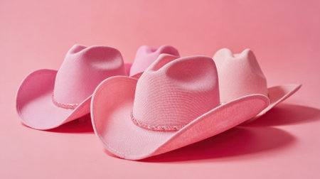 Colorful pink cowboy hats are arranged artistically showing their shape and texture against pink hues.の素材