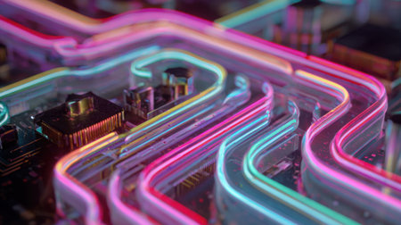 Colorful neon pathways intertwine in a complex circuit arrangement showing advanced technology.の素材