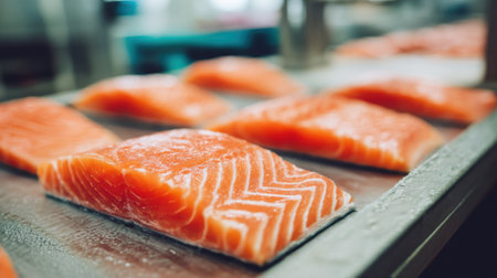 Salmon fillets with rich orange color lined up on a stainless steel surface in a busy kitchen.の素材