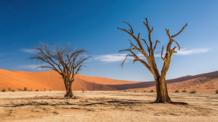 Two lifeless trees stand prominently in a dry desert surrounded by orange sand dunes under a bright sky.の素材