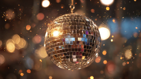 A disco ball reflects colorful lights while sparkling particles dance in the air during a lively event.の素材