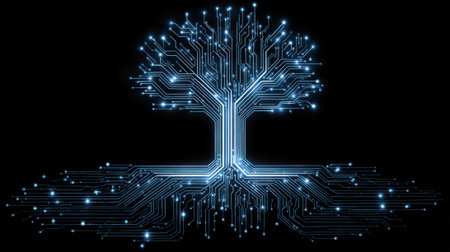 A sleek tree design emerges from a network of glowing circuits against a dark backdrop.の素材
