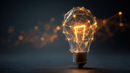 A glowing light bulb made of interconnected lines shines brightly in darkness symbolizing creativity.の素材