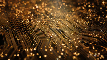 A close up view reveals detailed circuit lines illuminated by soft golden lights creating a mesmerizing effect.の素材