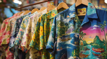 Brightly colored shirts adorned with tropical designs hang in a charming boutique inviting shoppers.の素材