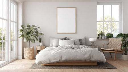 Cozy bedroom features a large bed with plush bedding plants and ample natural light during daytime.の素材