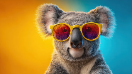 A charming koala sports funky sunglasses blending fun with vivid colors in a whimsical setting.の素材