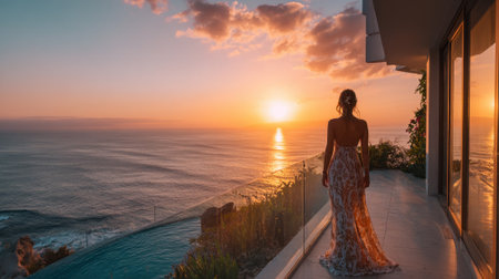 A woman in a flowing dress admires the sunset over the ocean from a sleek balcony as waves crash softly below.の素材
