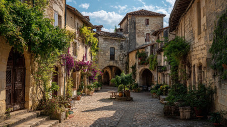 Wander through a peaceful village with cobblestone paths and blooming flowers under blue skies.の素材