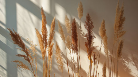 Tall pampas grass softly sways under sunlight creating a serene and warm atmosphere indoors.の素材