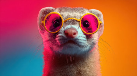 A lively ferret with bright round glasses stands confidently in front of a colorful background.の素材