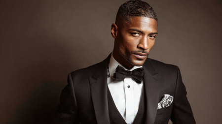 A stylish man dressed in a tuxedo stands confidently in a studio exuding charm and sophistication.の素材