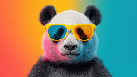 A charming panda with bright sunglasses stands joyfully in front of a colorful background spreading happiness.の素材