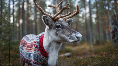 A cozy reindeer wears a colorful sweater while roaming through a serene forest in autumn.の素材
