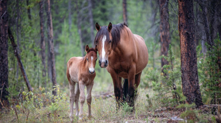 A mare stands protectively beside her foal in a serene forest surrounded by tall trees and soft grass.の素材