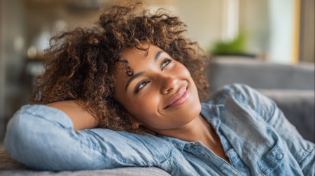 A woman with curly hair smiles while resting comfortably on her couch enjoying a serene afternoon.の素材