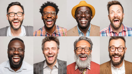 Nine joyful men smile widely showing a wonderful array of joy and diversity in their features.の素材