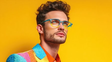 A fashionable man showcases a striking outfit with bright colors and unique glasses adding flair.の素材
