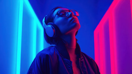 A young person listens to music with headphones while surrounded by colorful lights.の素材